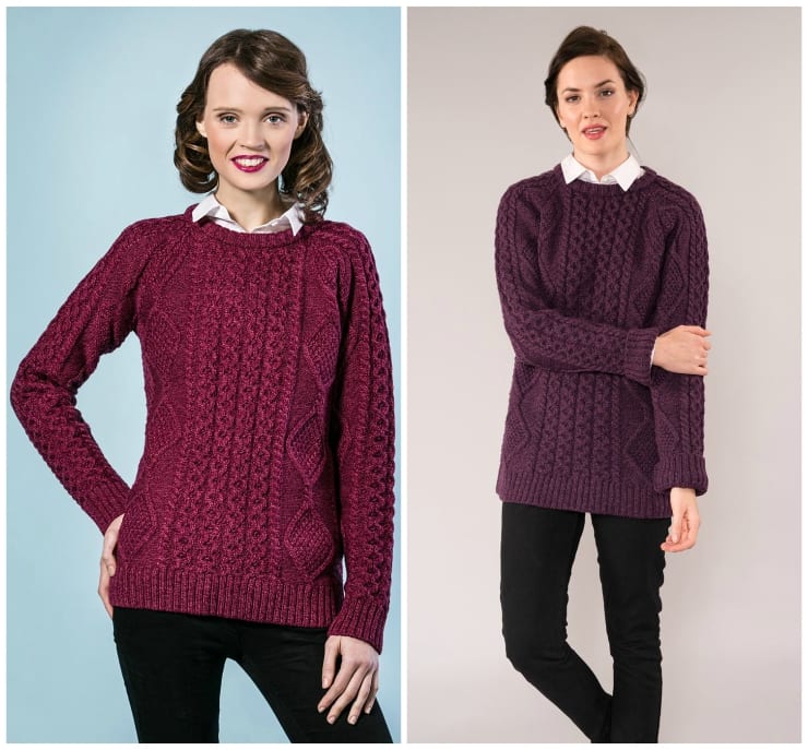 Molly Crew Aran Sweater in Raspberry & Purple