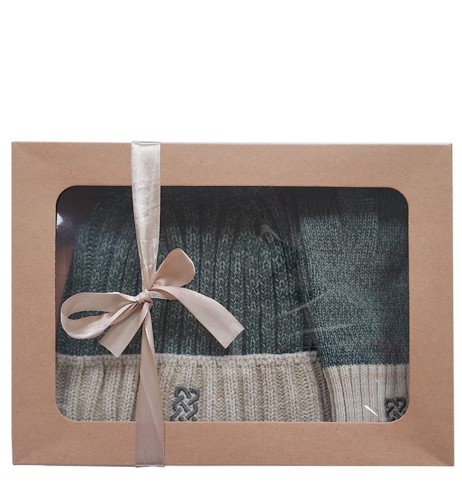 Sustainable Hat & Gloves Gift Set in Green & Cream Melange