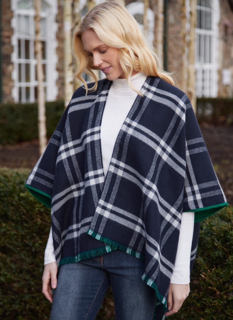 Reversible Check Fringed Poncho