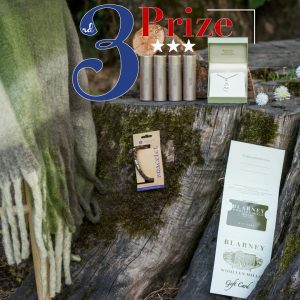 3rd Prize bundle including wool scarf, jewelry set, bracelet, and gift card presented on mossy log
